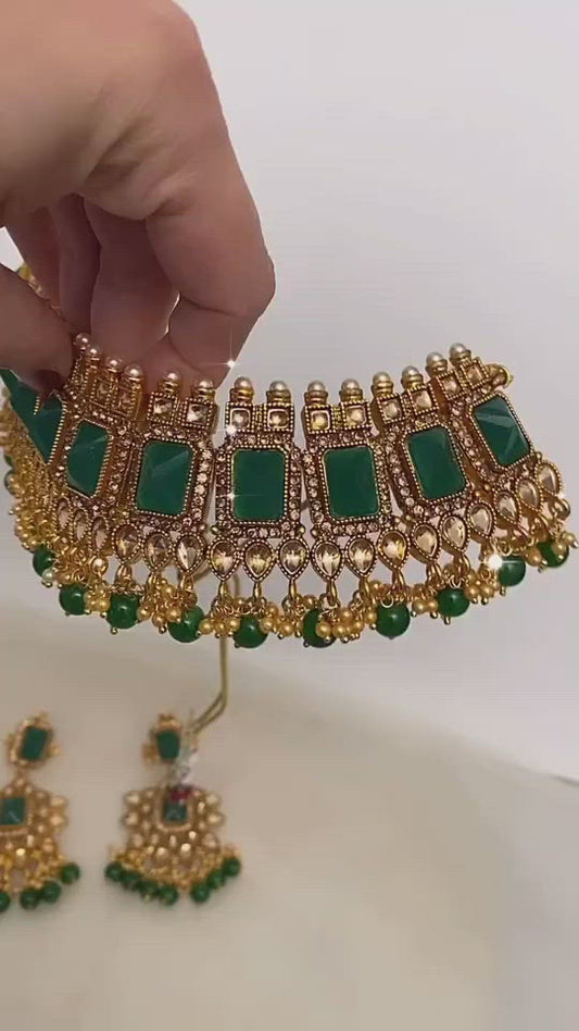 Golden Green Polki Necklace Earrings Tikka Set