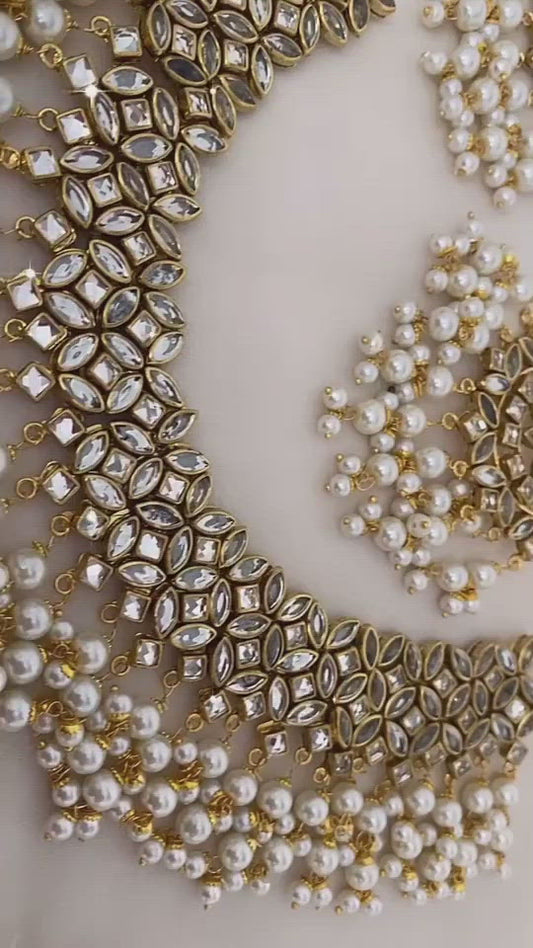 Golden Kundan Necklace Lightweight Earrings Tikka Set