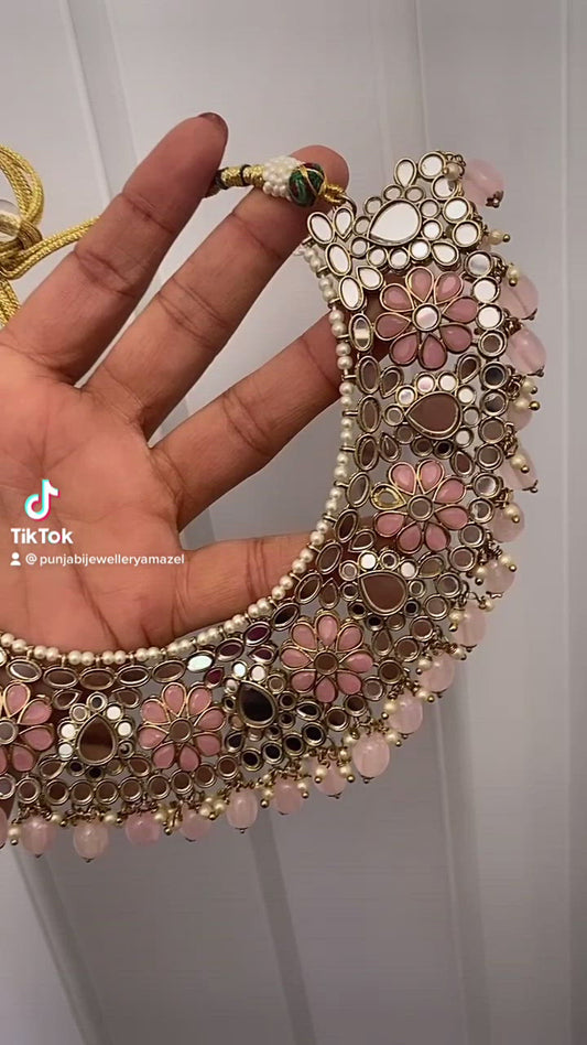 Pink Sheesha Necklace Earrings Tikka Set