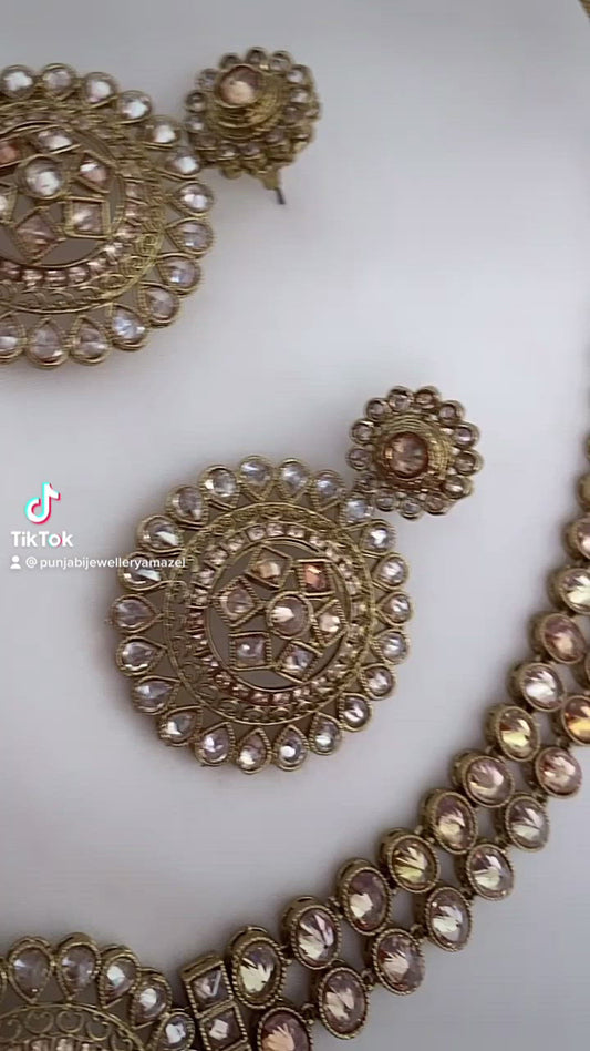 Champagne Polki Necklace Earrings Tikka Set
