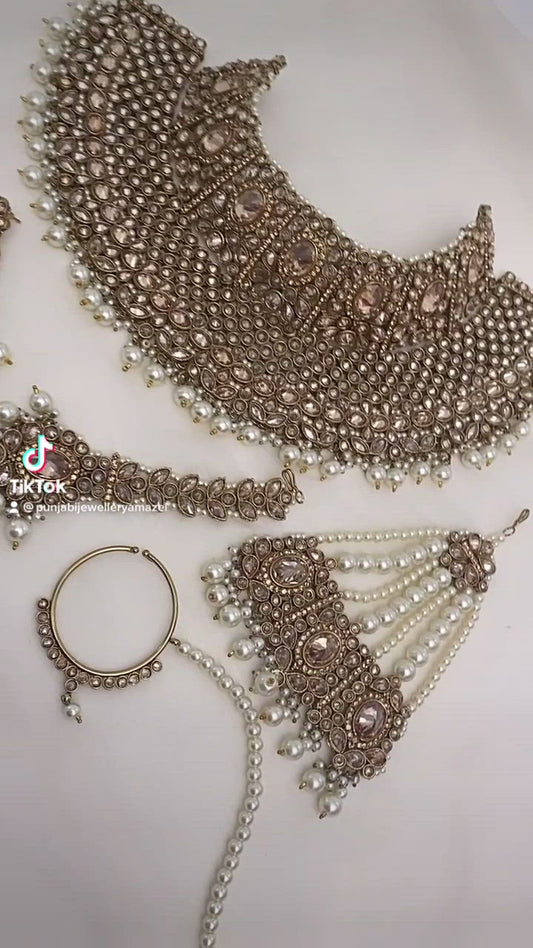 Braut Polki Champagner Halskette Ohrringe Tikka Passa und Nath Set 