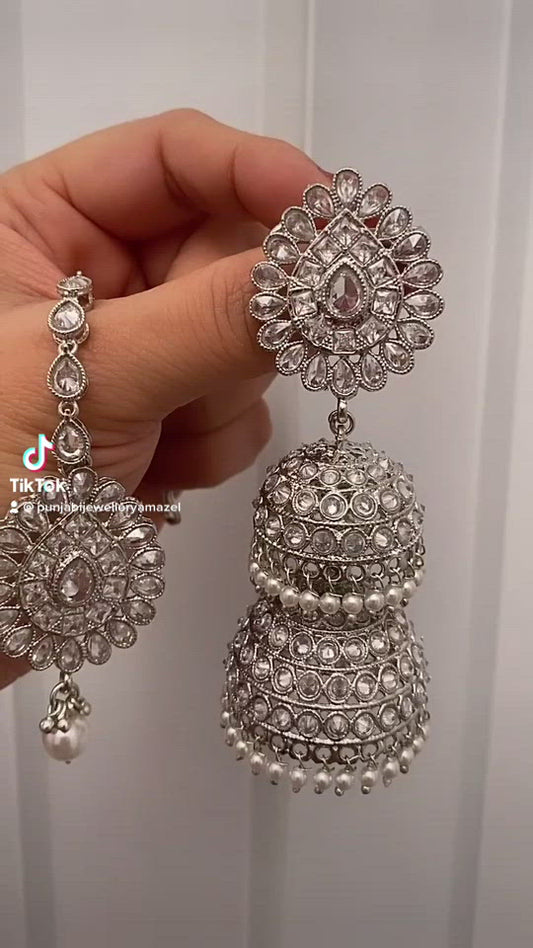 Silver Double Jhumki Polki Earrings Tikka Set