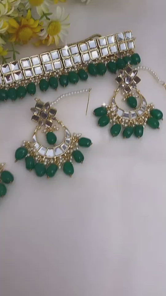 Green Kundan Sheesha Choker Earrings Tikka Set