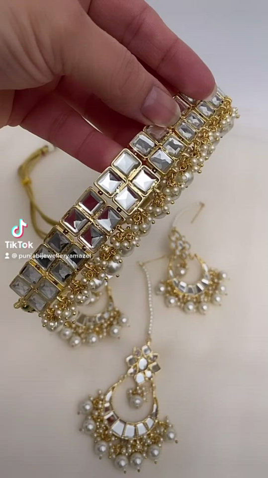 Kundan Sheesha Choker Halskette Ohrringe Tikka Set
