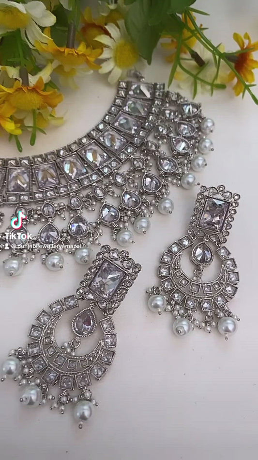 Silver Flexible Polki Monalisa Necklace Earrings Tikka Set