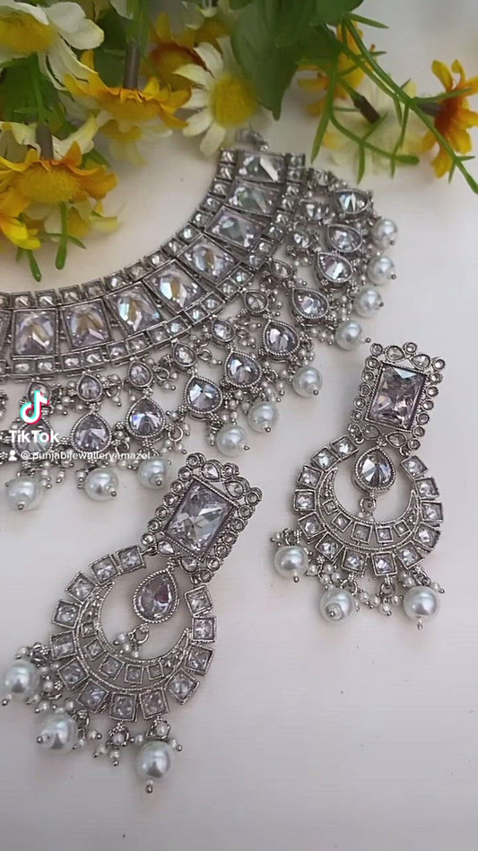 Silver Flexible Polki Monalisa Necklace Earrings Tikka Set