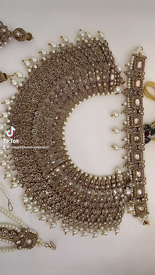 Bridal Polki Champagne Necklace With Choker Earrings Tikka Passa And Nath Set
