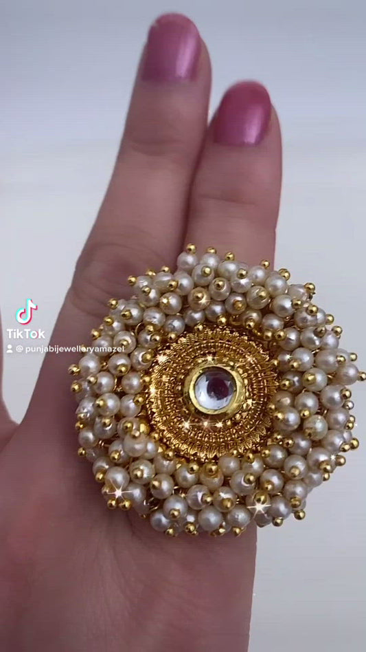 Golden Kundan Pearly Ring