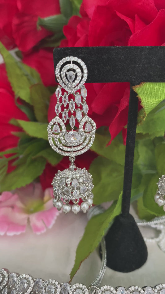 American Diamond (AD) Silver Chocker Necklace Earrings Tikka Set