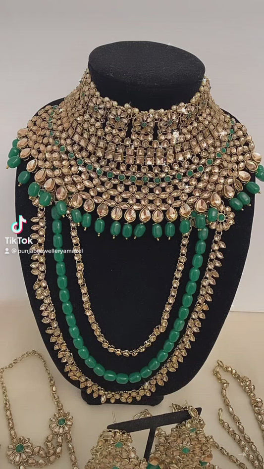 Heavy Bridal Necklace Long Haar Earrings Matha Patti Nath And Hand Pieces