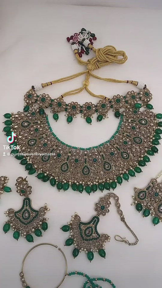 Smeraldo (verde) Polki Collana Girocollo Orecchini Tikka Nath e Jhoomer Set 