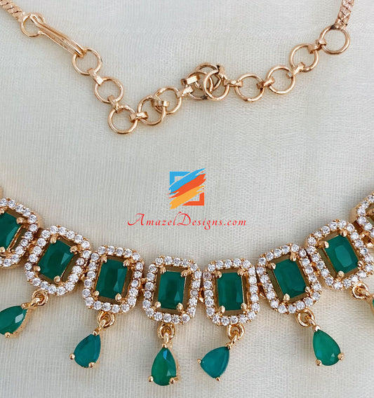 AD American Diamond Green Golden Single Line Necklace