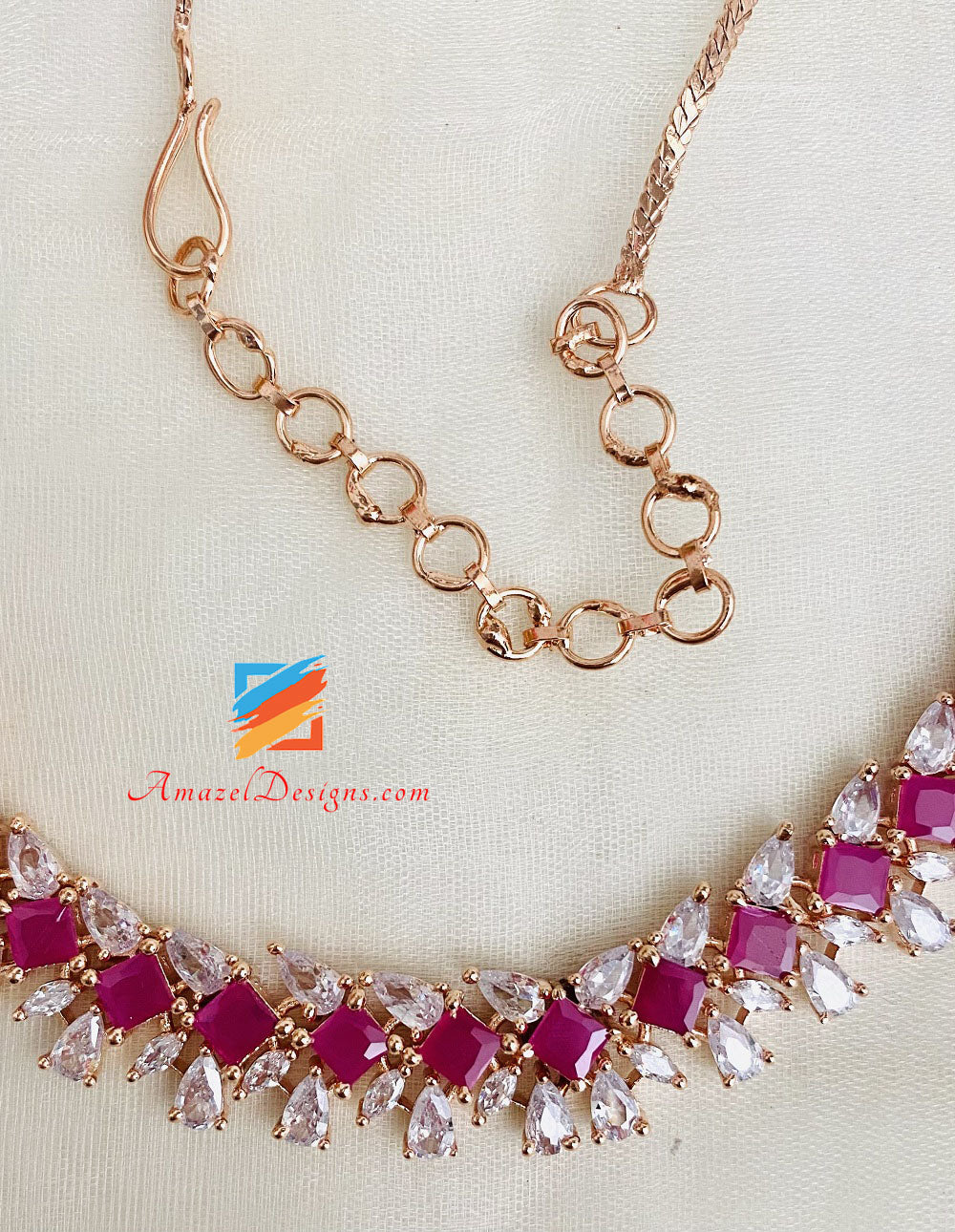 American Diamond Magenta (Hot Pink) Single Line Necklace