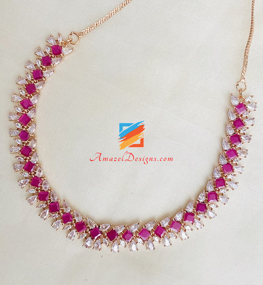 American Diamond Magenta (Hot Pink) Single Line Necklace