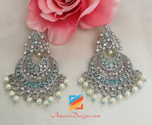 American Diamond AD Silver Mint with Pearls Earrings