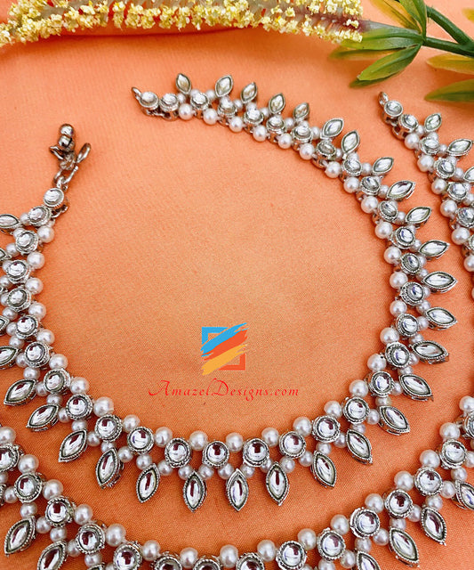 AD Silver White Beads Anklets