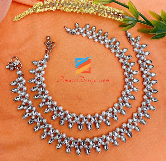 AD Silver White Beads Anklets