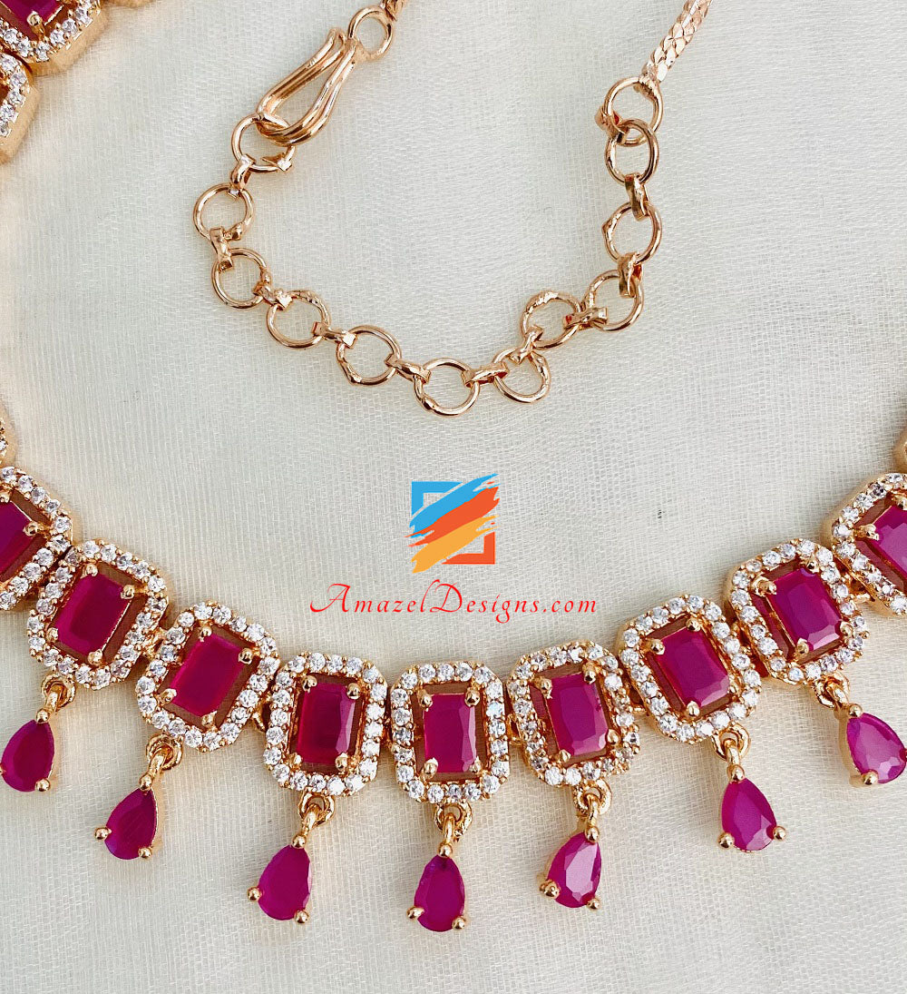 Pink American Diamond Necklace Set, Size: Free