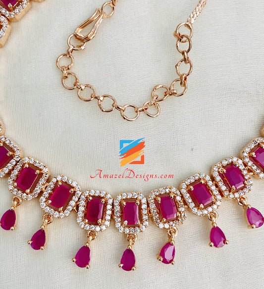 American Diamond (AD) Magenta (Hot Pink) Single Line Necklace
