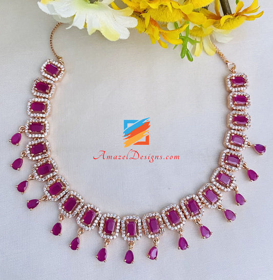 American Diamond (AD) Magenta (Hot Pink) Single Line Necklace