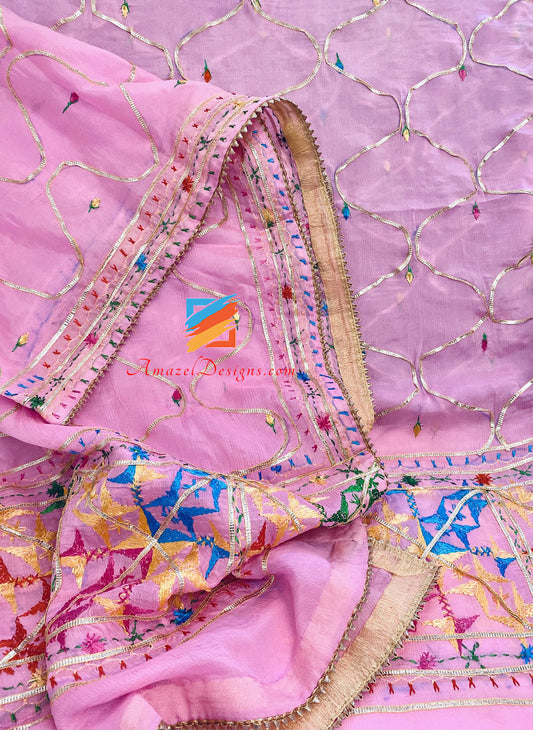 Aari Work Pink Fulkari With Samosa Lace