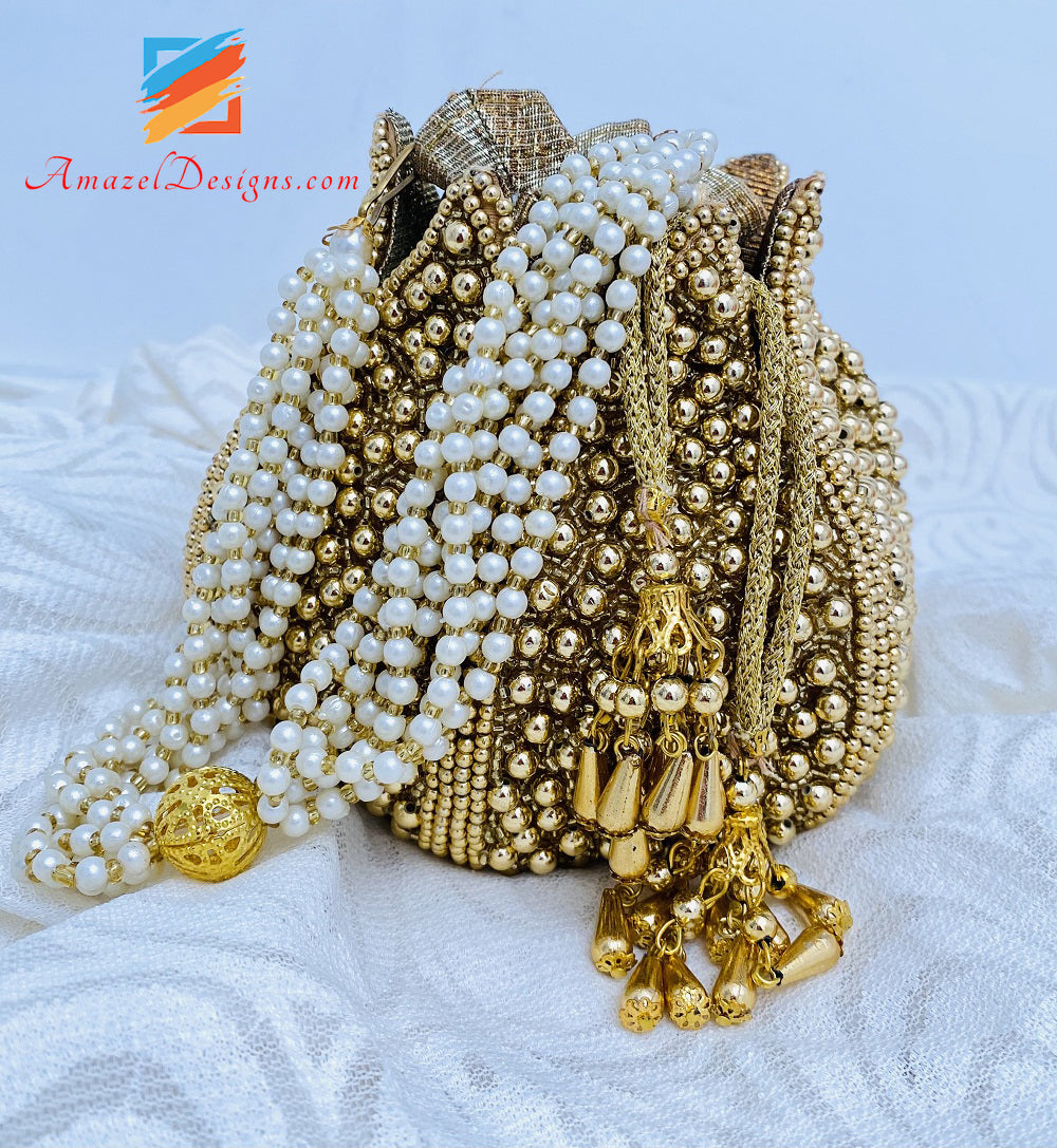 All Over Beads Work Lotus Golden Potli
