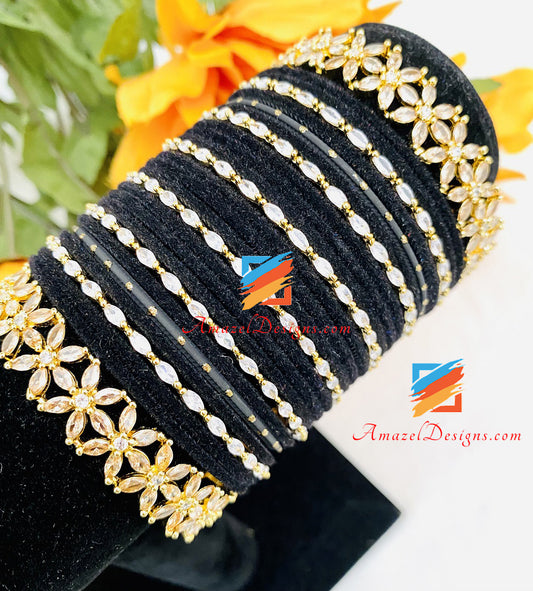 American Diamond AD Golden Black Bangles Set