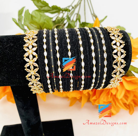 American Diamond AD Golden Black Bangles Set