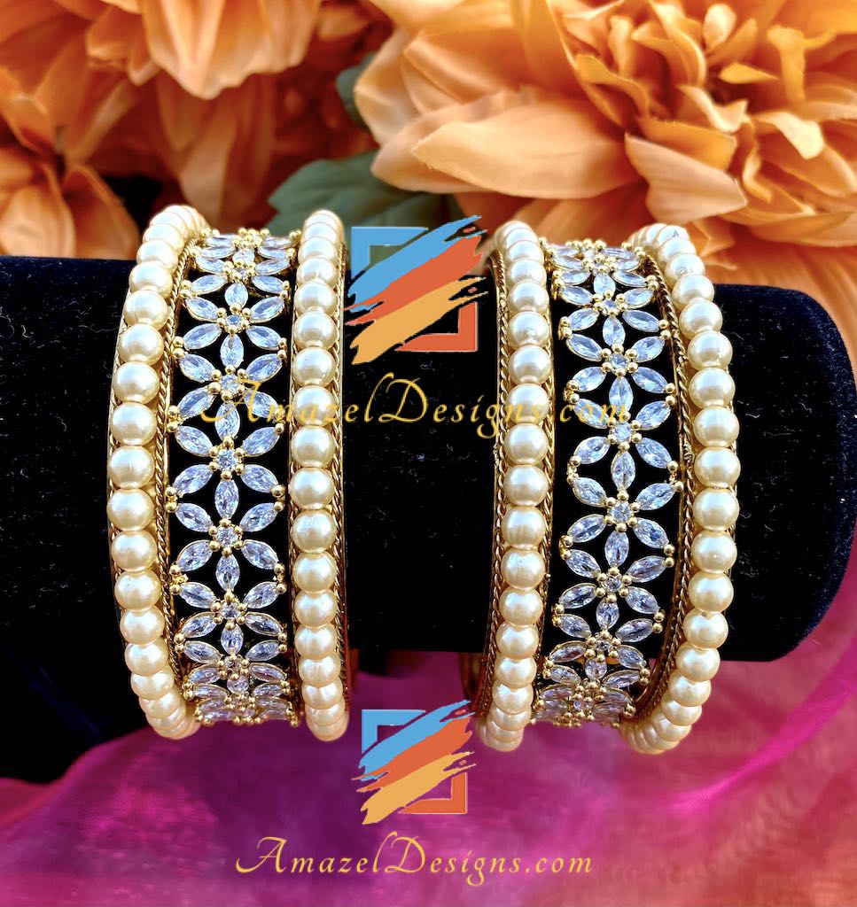 American Diamond AD Kada Cream Beads Bangles Set