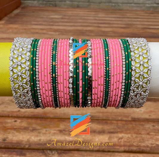 American Diamond AD Pink Green Bangle Set