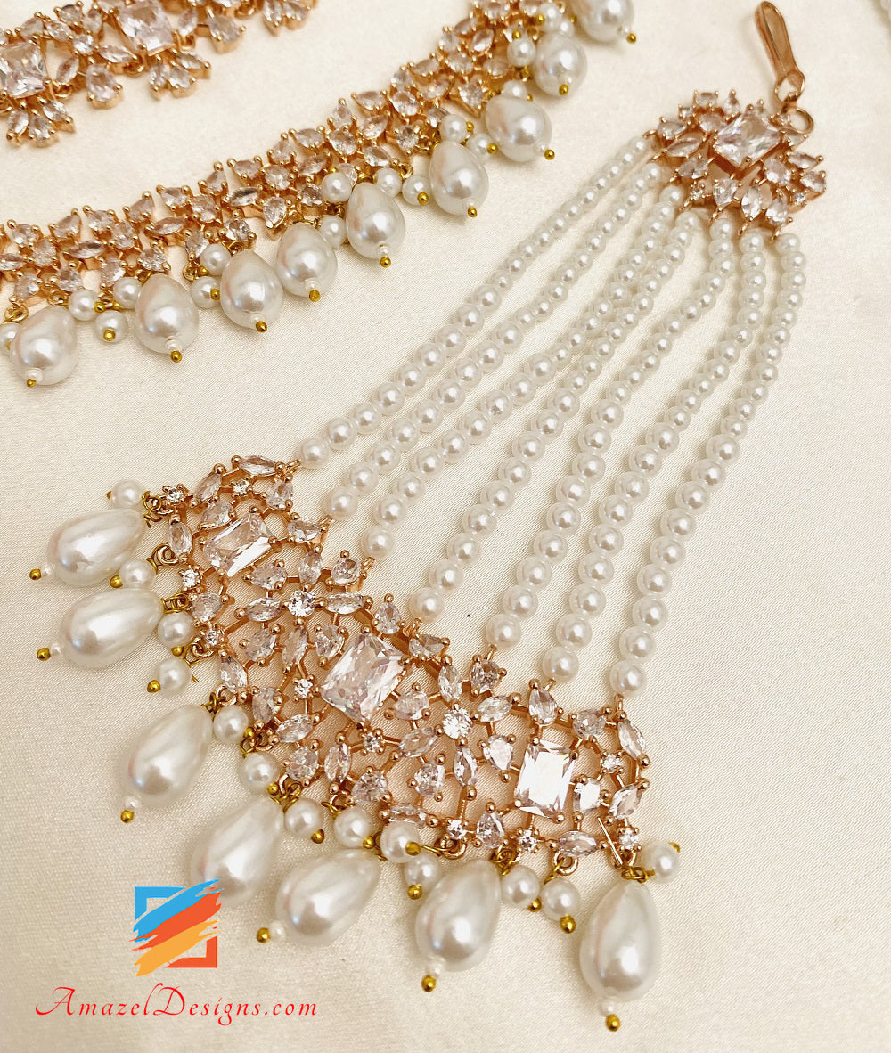 American Diamond AD Rose Gold Double Necklace Earring Tikka Passa Hand Pieces Set