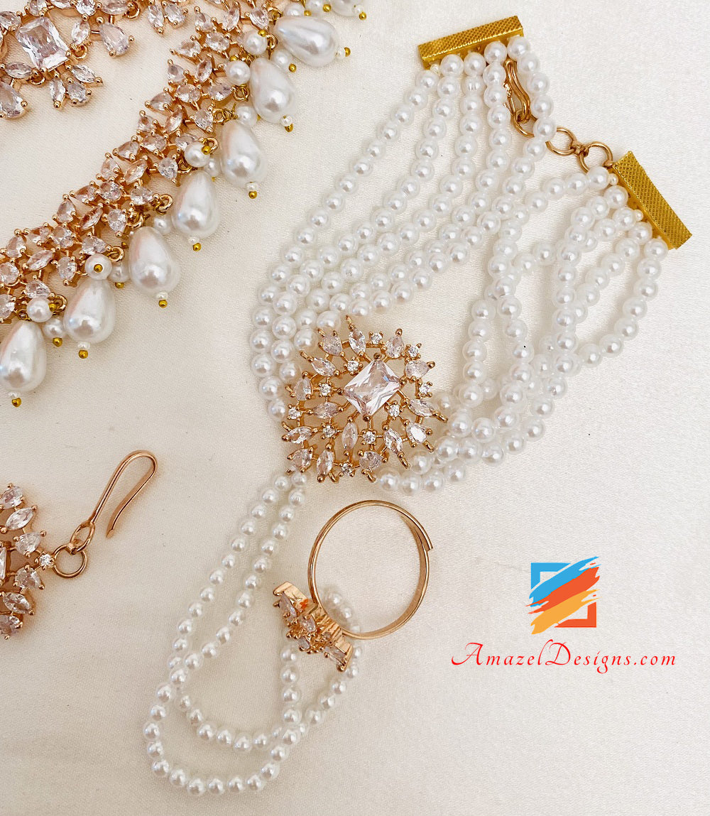 American Diamond AD Rose Gold Double Necklace Earring Tikka Passa Hand Pieces Set