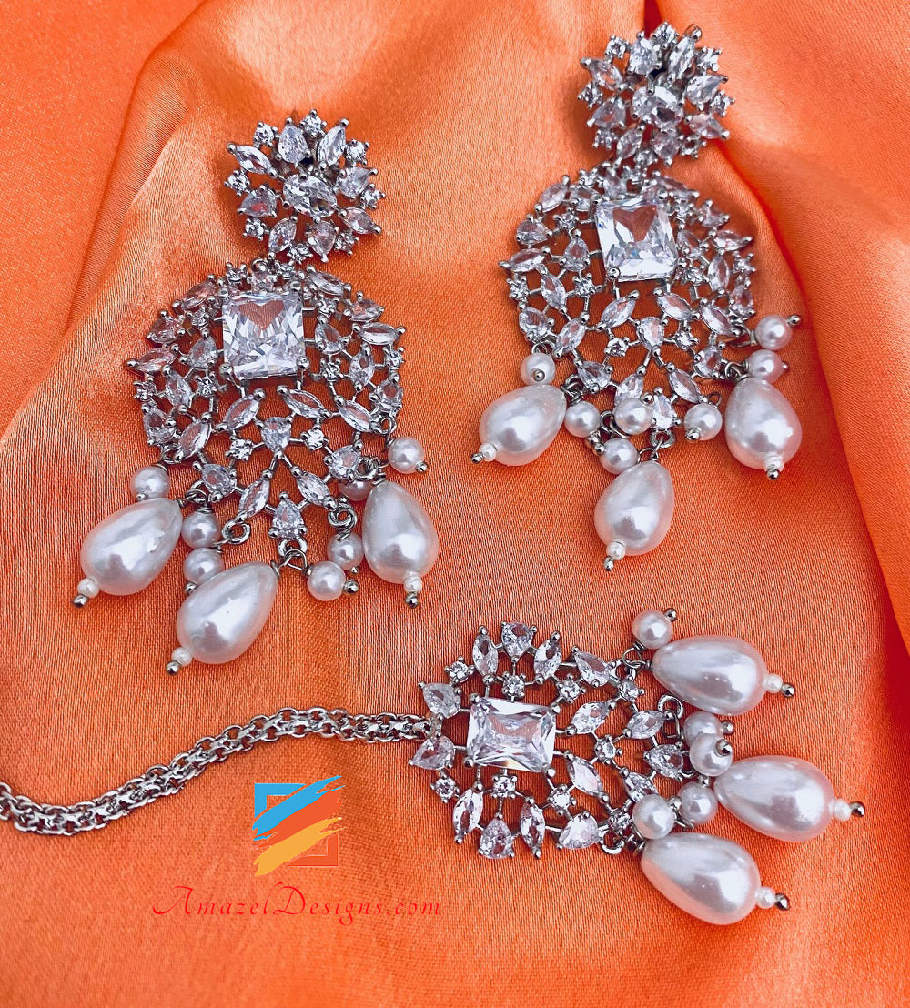 American Diamond AD Silver Double Necklace Earring Tikka Passa Hand Pieces Set
