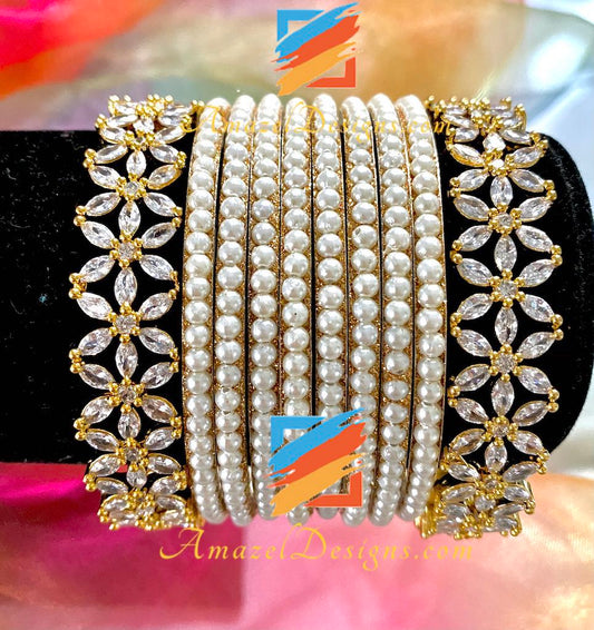 American Diamond AD White Beads Bangle Set