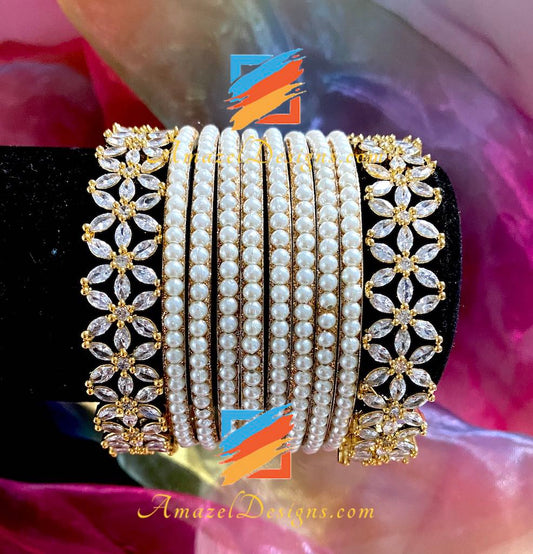 American Diamond AD White Beads Bangle Set