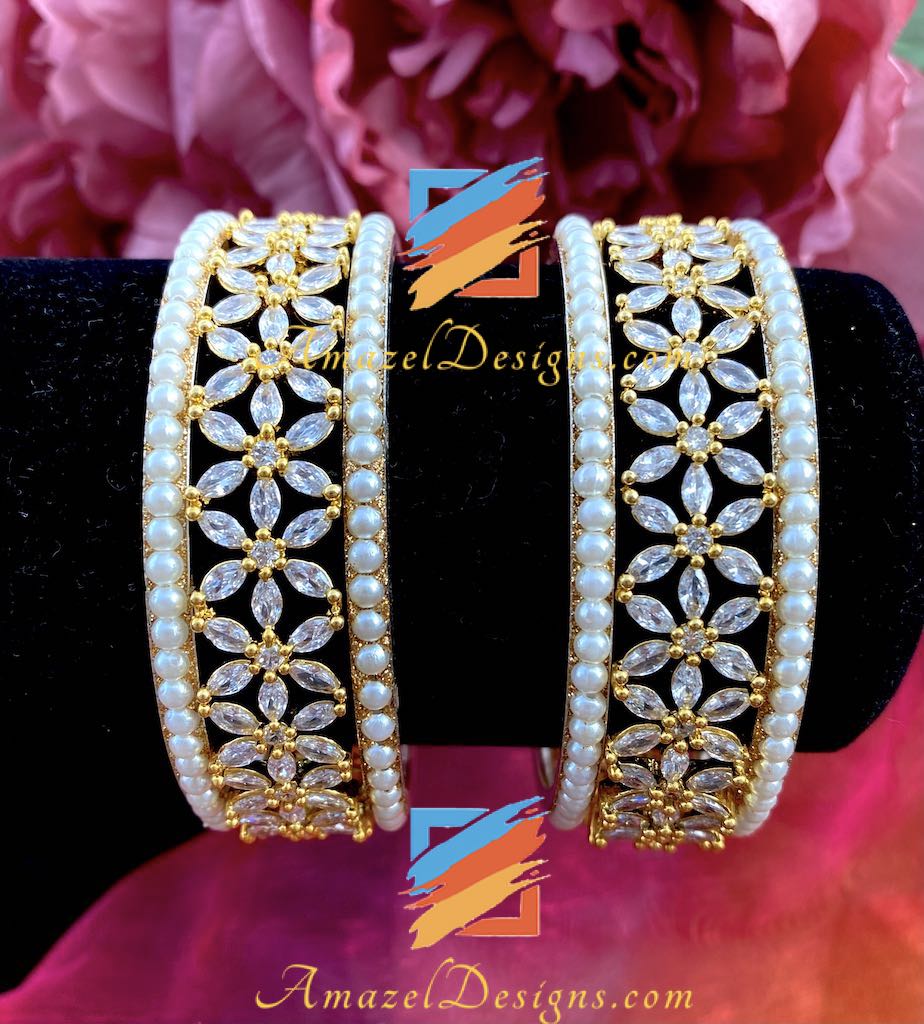 American Diamond AD White Beads Kada Set