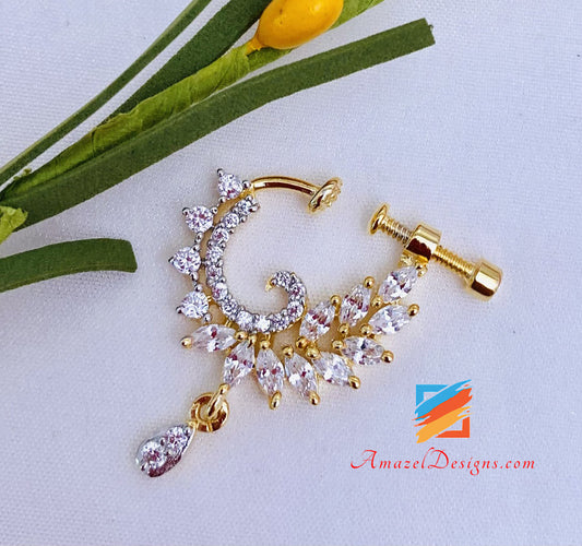 American Diamond Golden Screwed Non Pierced Nose Ring