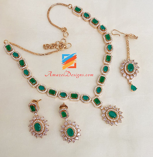 American Diamond Green Necklace Earrings Tikka Set