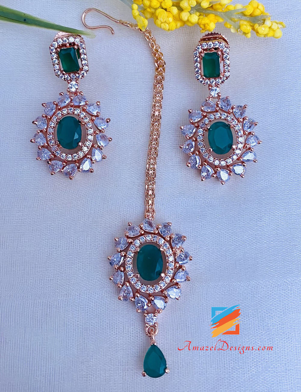 American Diamond Green Necklace Earrings Tikka Set