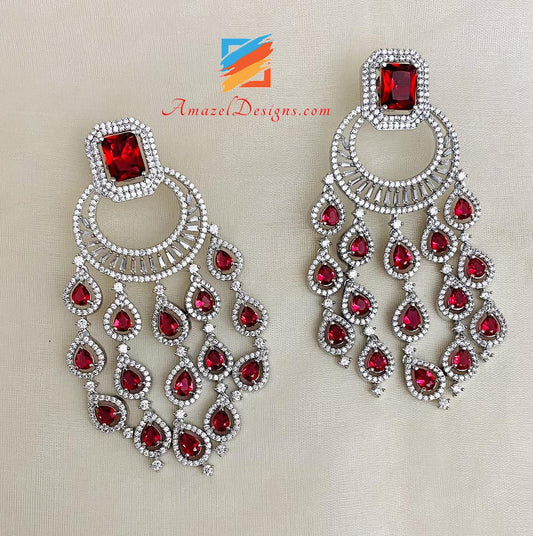 American Diamond Mehroon Silver Earrings