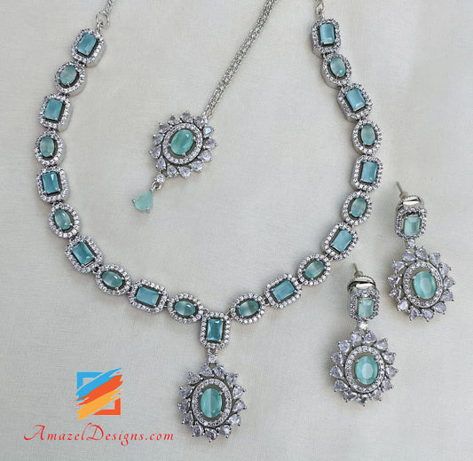 American Diamond Mint Silver Necklace Drop Earrings Tikka Set