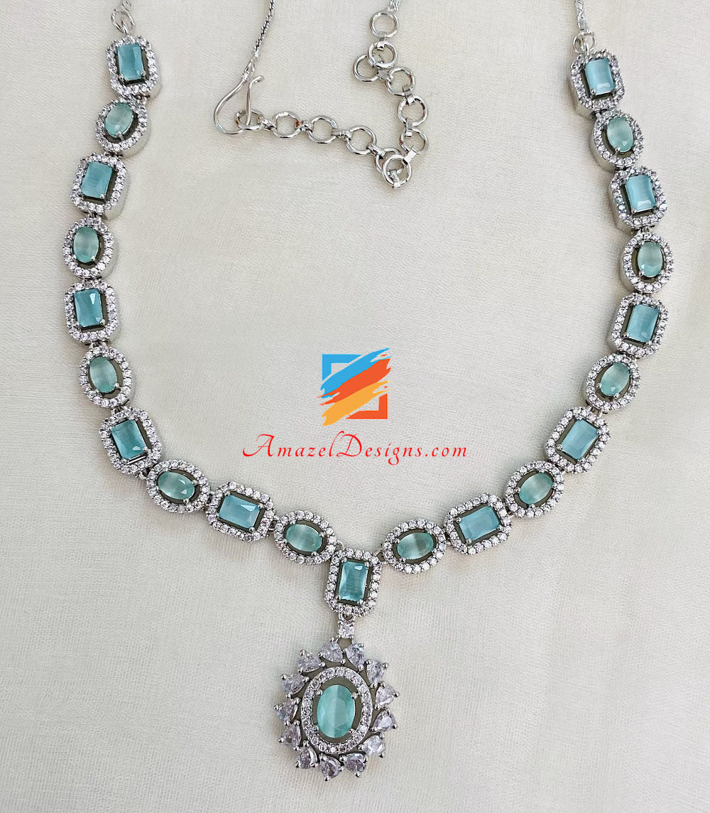 American Diamond Mint Silver Necklace Drop Earrings Tikka Set