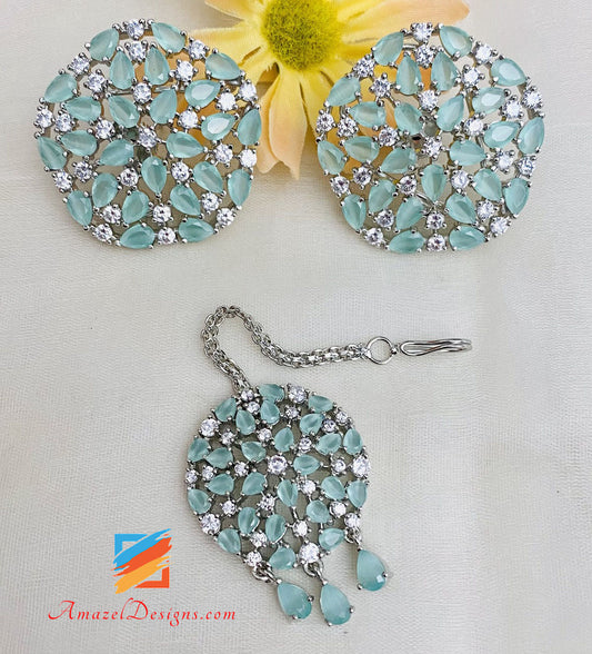 American Diamond Mint Silver Necklace Studs Tikka Set