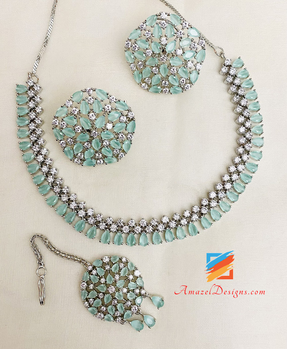American Diamond Mint Silver Necklace Studs Tikka Set