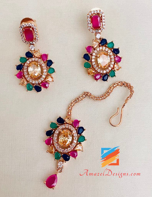 Tikka-Set mit mehrfarbigen Halsketten und Ohrringen mit amerikanischem Diamant 