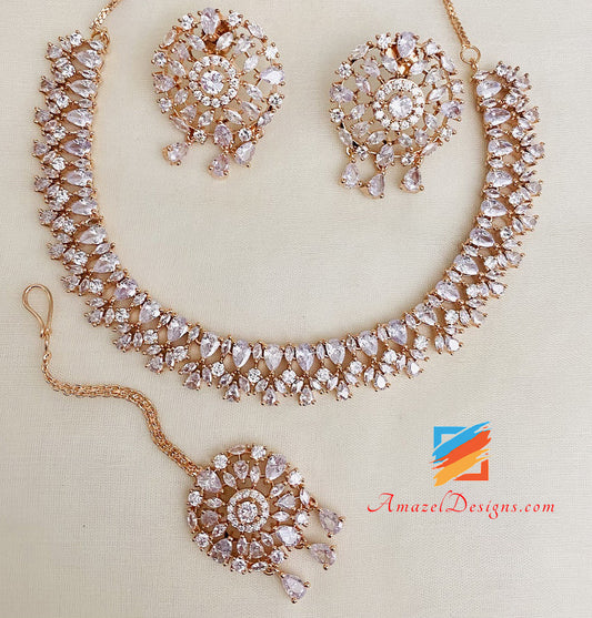 American Diamond Necklace Studs Earrings Tikka Set