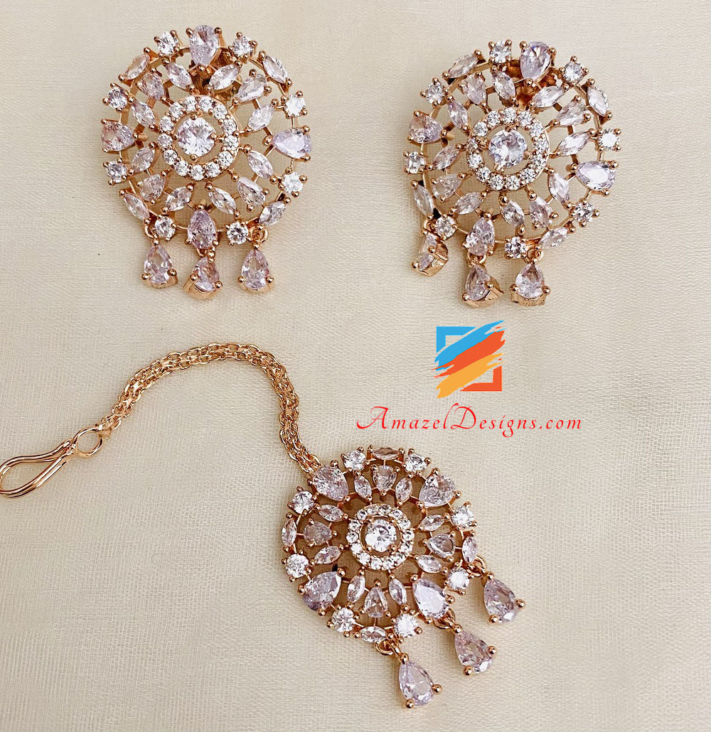 American Diamond Necklace Studs Earrings Tikka Set