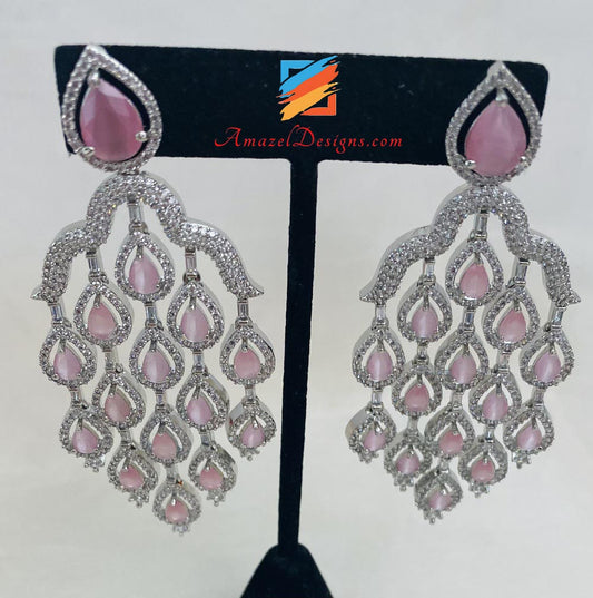 American Diamond Pink Silver Earrings
