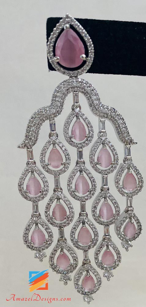 American Diamond Pink Silver Earrings