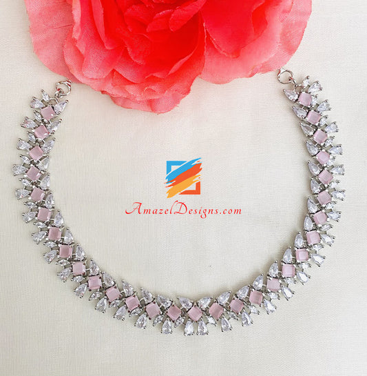 American Diamond Pink Silver Single Line Necklace